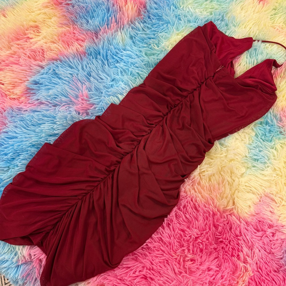 Princess Polly Red Mesh Ruched Halter Mini Dress Wine Bodycon Size US 2 - Picture 5 of 6